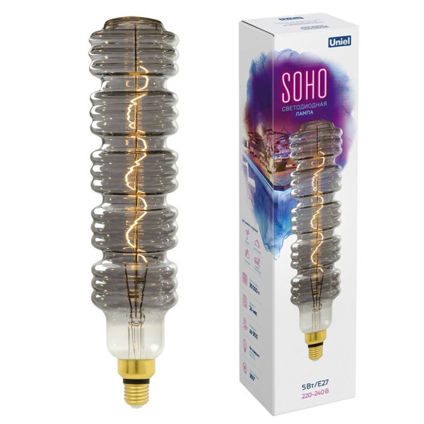 LED-SF41-5W/SOHO/E27/CW CHROME/SMOKE GLS77CR Лампа светодиодная SOHO. Хромированная/дымчатая колба. Спиральный филамент. Картон. ТМ Uniel