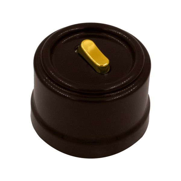 Ретро выключатель перекрестный, пластик, коричневый, кнопка золото, серия Лизетта металл, Bironi