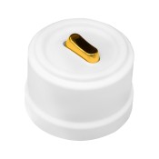 Ретро выключатель перекрестный, пластик, белый, кнопка золото, серия Лизетта металл, Bironi
